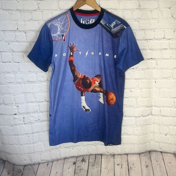 VTG Post Game Shirt Men's Blue Michael Jordan Dunk All Over Print S Small - Picture 1 of 10